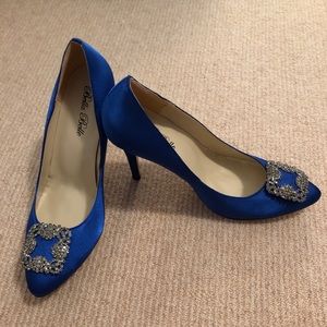 Suede Navy Blue Heels with Jeweled Buckle Size 9